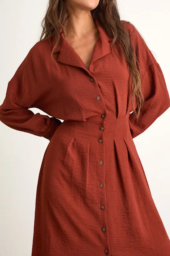 Timeless Class Rust Collared Button-Up Pleated Midi Dress sold by Lulus product image thumbnail 3