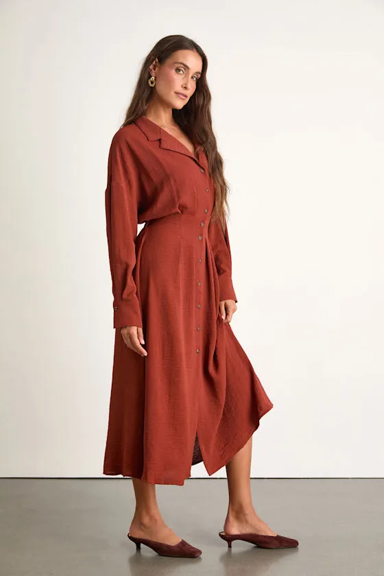 Timeless Class Rust Collared Button-Up Pleated Midi Dress sold by Lulus product image thumbnail 4
