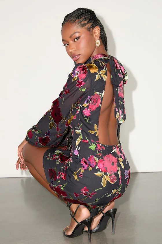Retina Black Floral Burnout Velvet Backless Mini Dress sold by Lulus