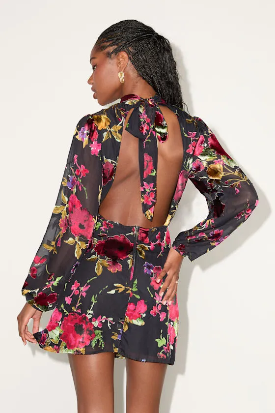 Retina Black Floral Burnout Velvet Backless Mini Dress sold by Lulus product image thumbnail 3