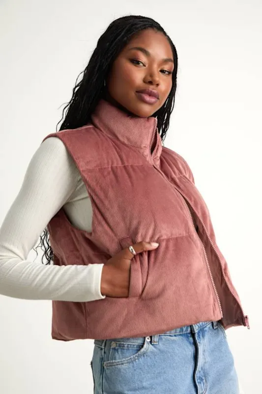 Cloud Nine Cutie Dusty Rose Corduroy Cropped Puffer Vest sold by Lulus