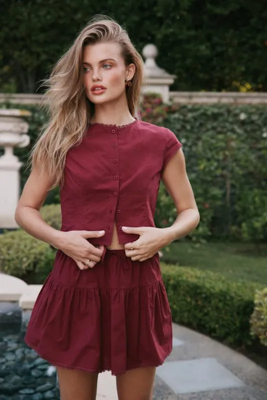 Melicia Burgundy Button-Front Cap Sleeve Crop Top sold by Lulus