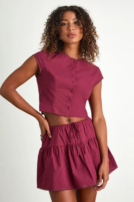 Melicia Burgundy Button-Front Cap Sleeve Crop Top sold by Lulus product image thumbnail 2