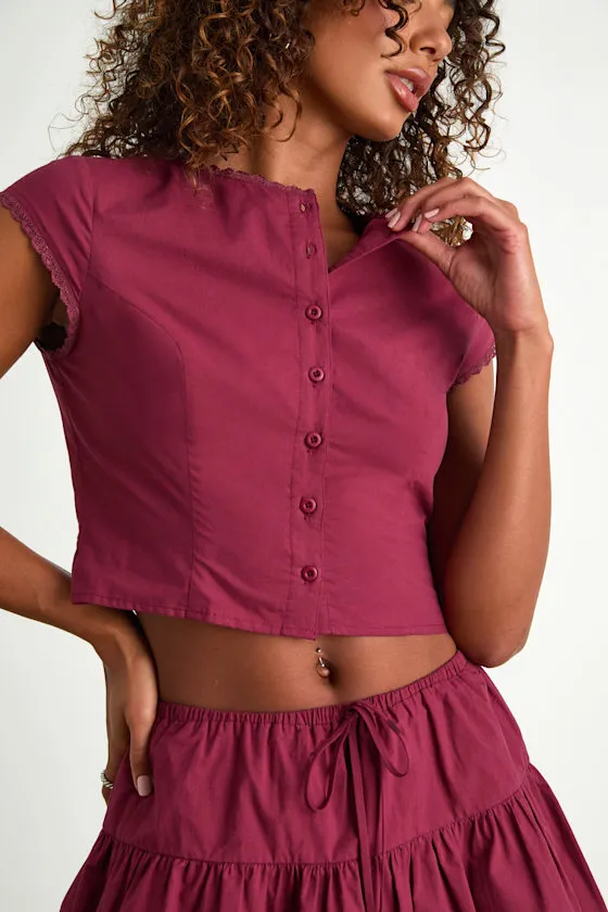 Melicia Burgundy Button-Front Cap Sleeve Crop Top sold by Lulus product image thumbnail 3