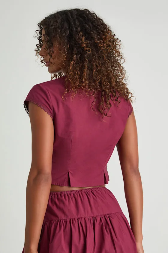 Melicia Burgundy Button-Front Cap Sleeve Crop Top sold by Lulus product image thumbnail 4
