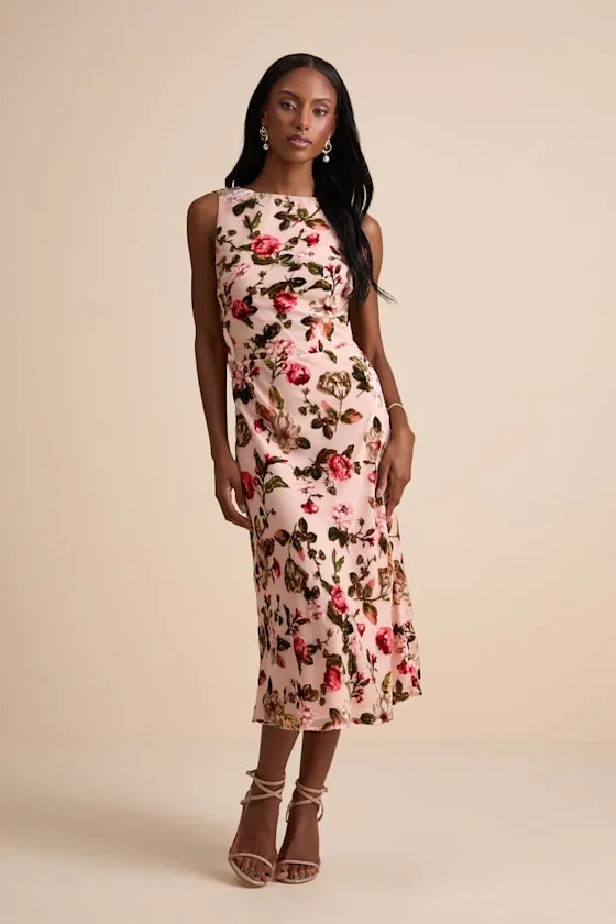 Florina Blush Floral Velvet Floral Burnout Cowl Back Midi Dress sold by Lulus