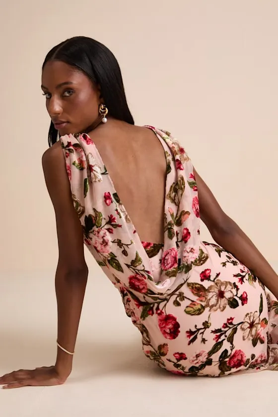 Florina Blush Floral Velvet Floral Burnout Cowl Back Midi Dress sold by Lulus product image thumbnail 2