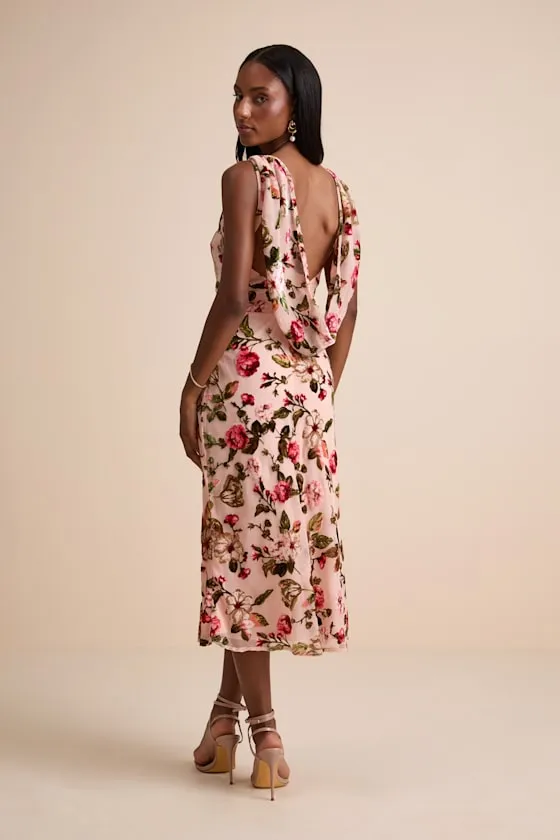 Florina Blush Floral Velvet Floral Burnout Cowl Back Midi Dress sold by Lulus product image thumbnail 3
