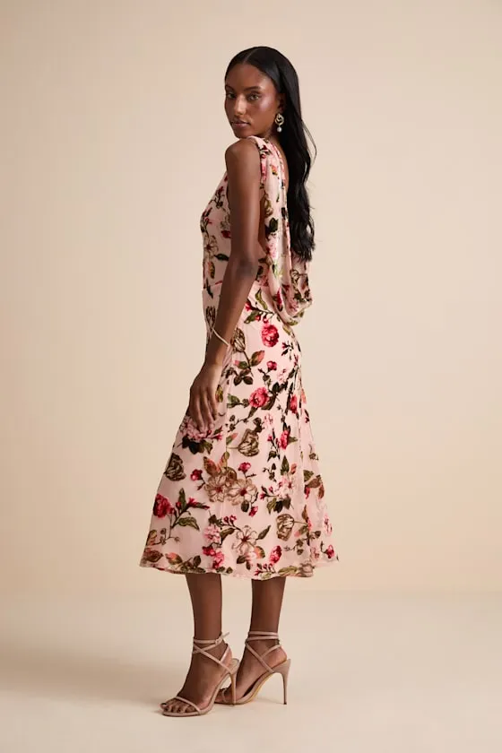 Florina Blush Floral Velvet Floral Burnout Cowl Back Midi Dress sold by Lulus product image thumbnail 4