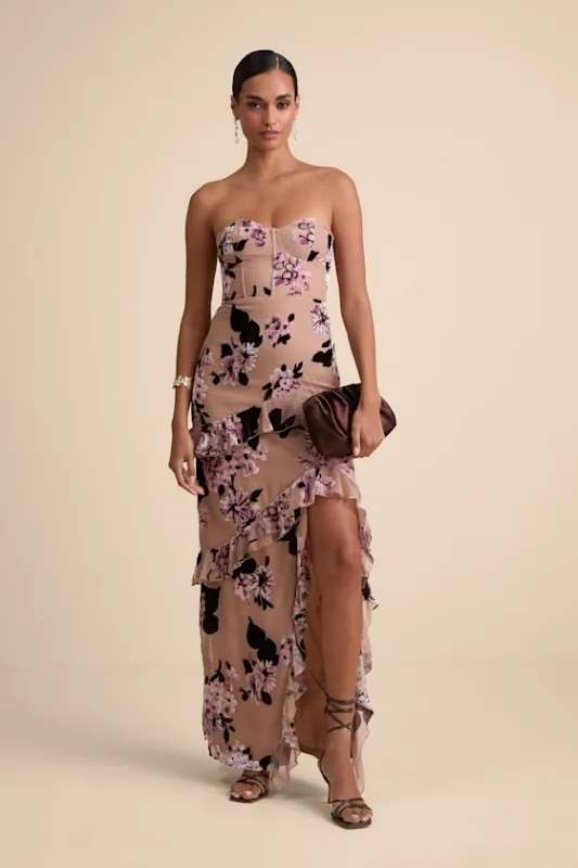 Chelisa Beige Floral Ruffled Strapless Bustier Maxi Dress sold by Lulus
