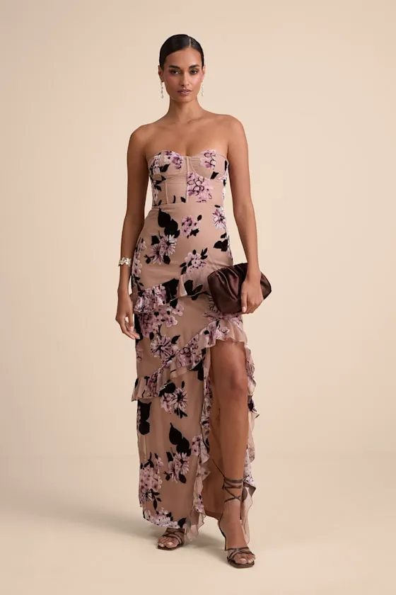 Chelisa Beige Floral Ruffled Strapless Bustier Maxi Dress sold by Lulus