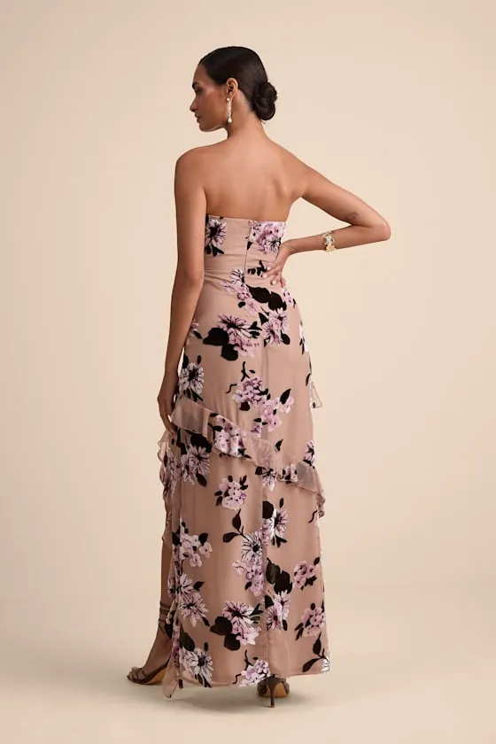 Chelisa Beige Floral Ruffled Strapless Bustier Maxi Dress sold by Lulus product image thumbnail 3