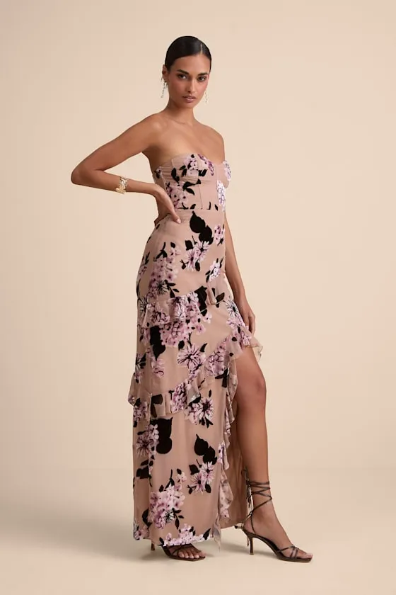 Chelisa Beige Floral Ruffled Strapless Bustier Maxi Dress sold by Lulus product image thumbnail 4