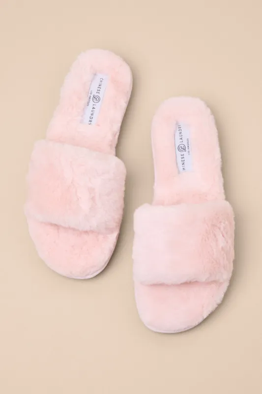 Rally Light Pink Faux Fur Slide Slippers sold by Lulus