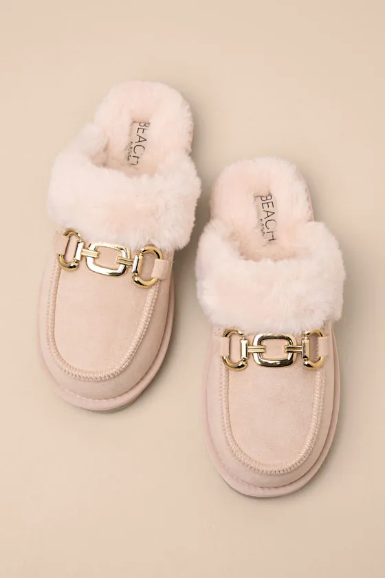Davos Natural Suede Faux Fur Flatform Slippers sold by Lulus