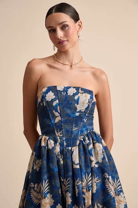 Eulalia Dark Blue Floral Lace-Up Strapless Bustier Midi Dress sold by Lulus