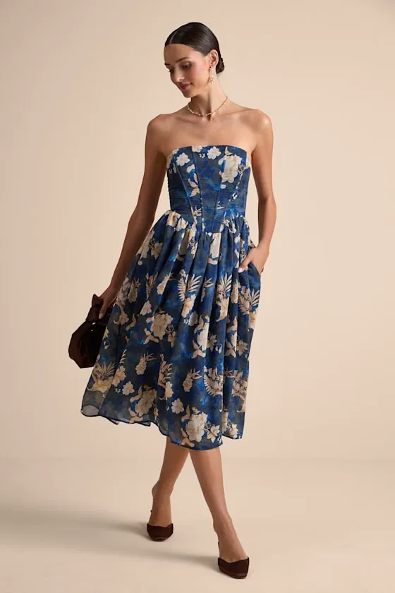 Eulalia Dark Blue Floral Lace-Up Strapless Bustier Midi Dress sold by Lulus product image thumbnail 2