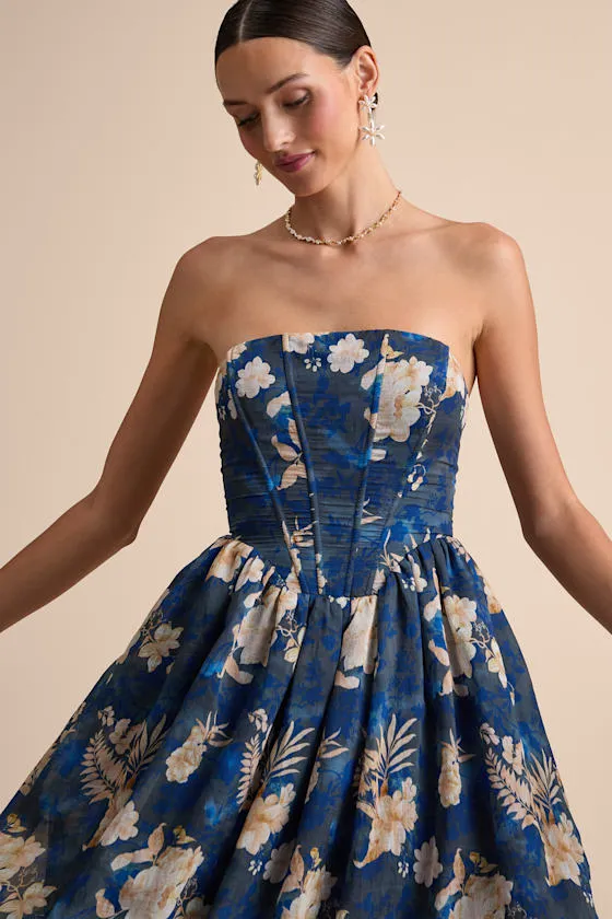 Eulalia Dark Blue Floral Lace-Up Strapless Bustier Midi Dress sold by Lulus product image thumbnail 3