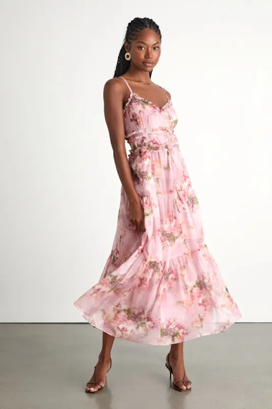 Dayah Light Pink Floral Ruffled Tiered Midi Dress sold by Lulus