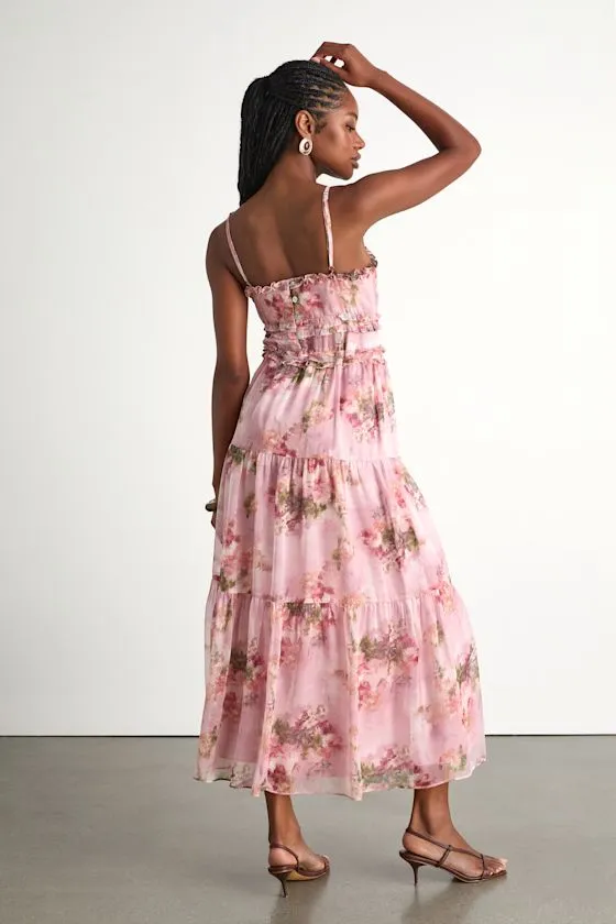 Dayah Light Pink Floral Ruffled Tiered Midi Dress sold by Lulus product image thumbnail 3