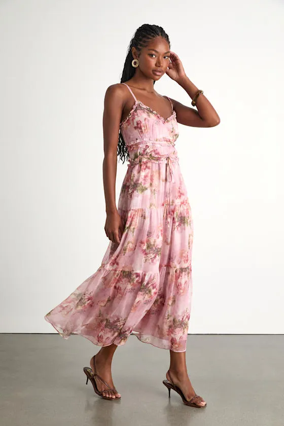 Dayah Light Pink Floral Ruffled Tiered Midi Dress sold by Lulus product image thumbnail 4