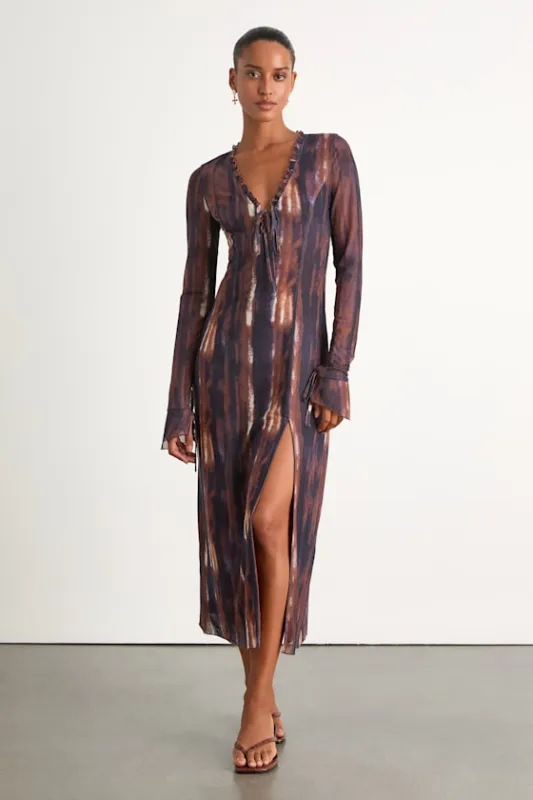 Aymeline Navy and Brown Abstract Long Sleeve Midi Dress sold by Lulus