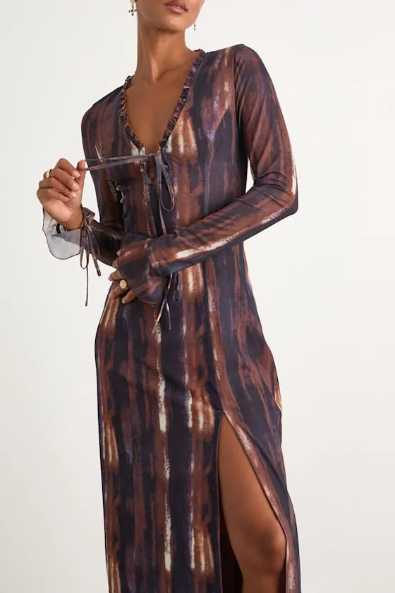 Aymeline Navy and Brown Abstract Long Sleeve Midi Dress sold by Lulus product image thumbnail 2