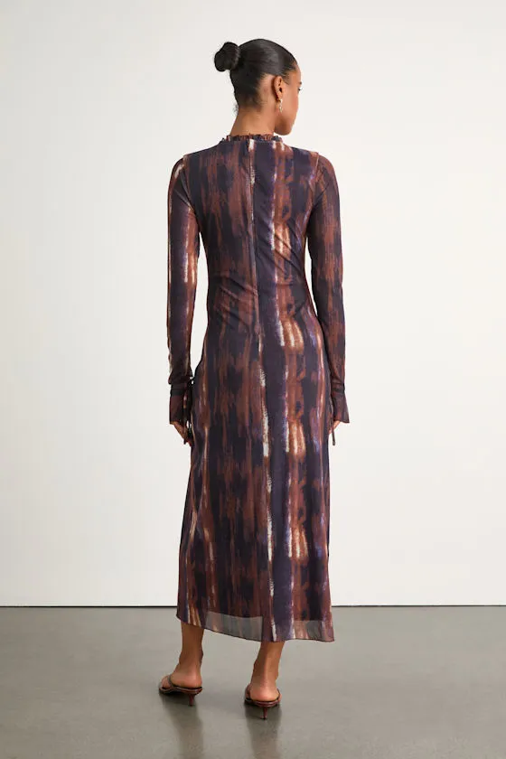 Aymeline Navy and Brown Abstract Long Sleeve Midi Dress sold by Lulus product image thumbnail 3