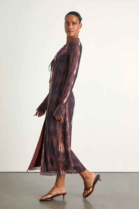Aymeline Navy and Brown Abstract Long Sleeve Midi Dress sold by Lulus product image thumbnail 4