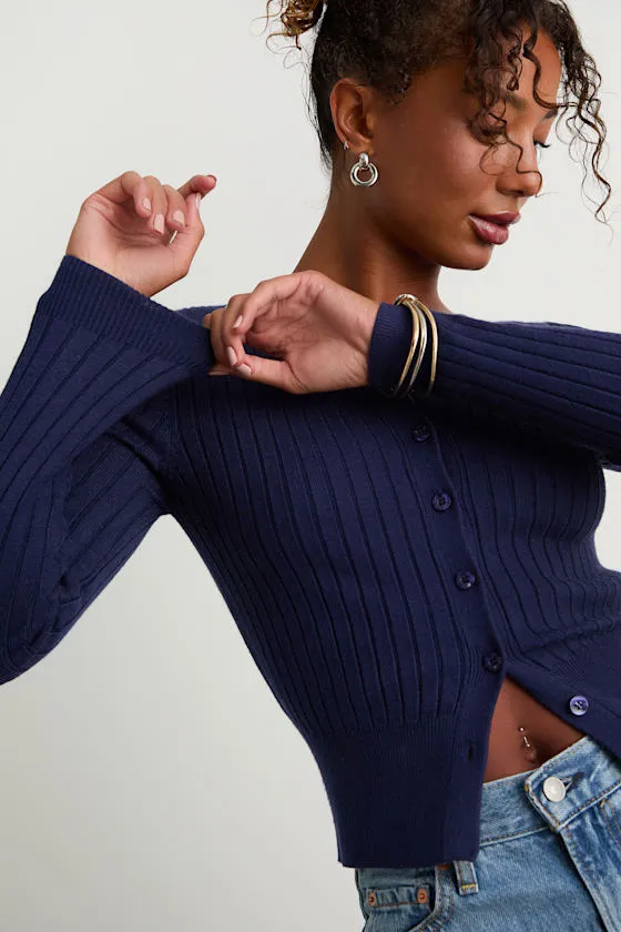 Perfect Classic Navy Ribbed Knit Cardigan Sweater sold by Lulus