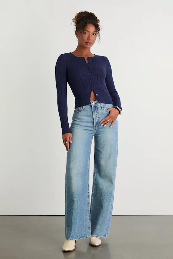 Perfect Classic Navy Ribbed Knit Cardigan Sweater sold by Lulus product image thumbnail 4