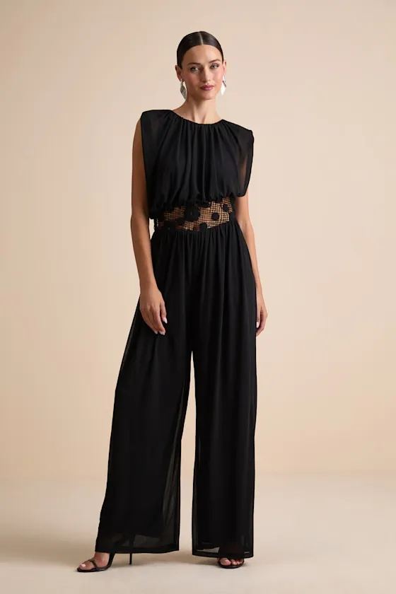 Mykie Black Gathered Sleeveless Wide-Leg Jumpsuit sold by Lulus