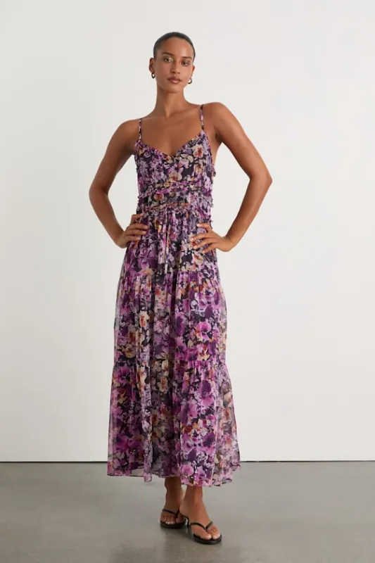 Dayah Purple Floral Ruffled Tiered Midi Dress sold by Lulus