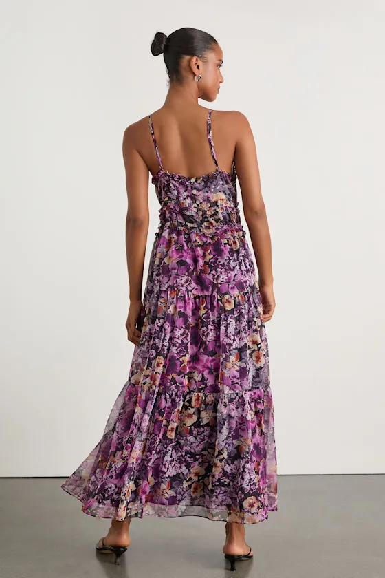 Dayah Purple Floral Ruffled Tiered Midi Dress sold by Lulus product image thumbnail 3