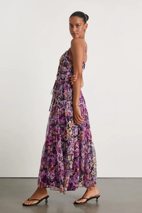 Dayah Purple Floral Ruffled Tiered Midi Dress sold by Lulus product image thumbnail 4