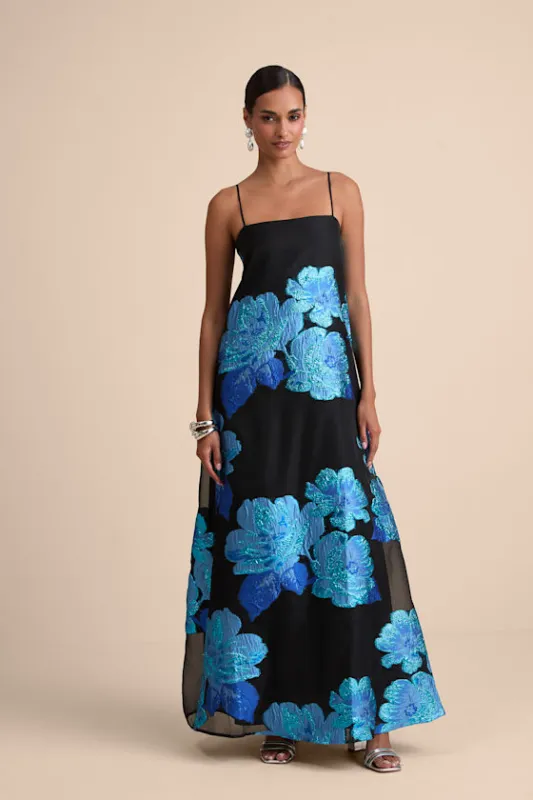 Yavanna Black and Blue Floral Jacquard Shift Maxi Dress sold by Lulus