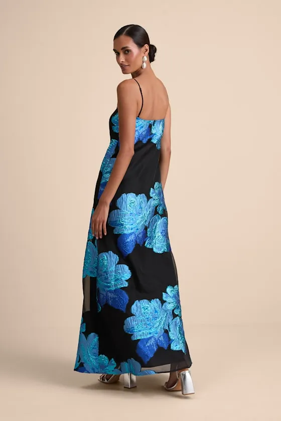 Yavanna Black and Blue Floral Jacquard Shift Maxi Dress sold by Lulus product image thumbnail 4