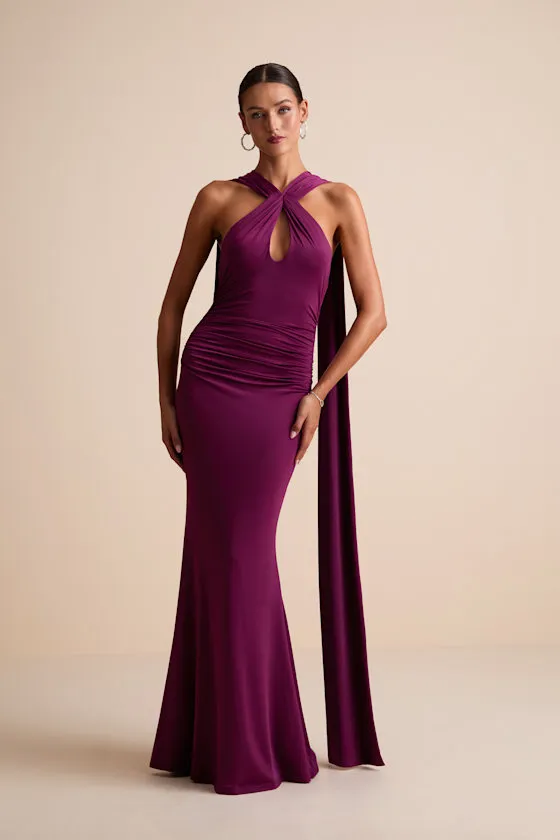 Noretta Plum Jersey Knit Keyhole Cutout Sash Maxi Dress sold by Lulus