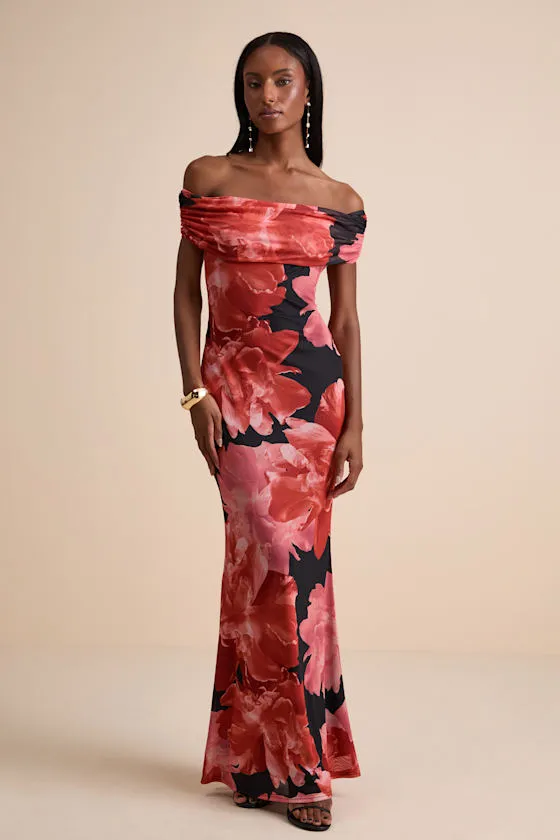 Dunia Black Floral Print Mesh Off-the-Shoulder Maxi Dress sold by Lulus