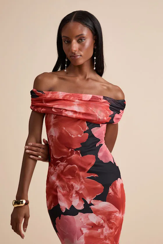Dunia Black Floral Print Mesh Off-the-Shoulder Maxi Dress sold by Lulus product image thumbnail 2
