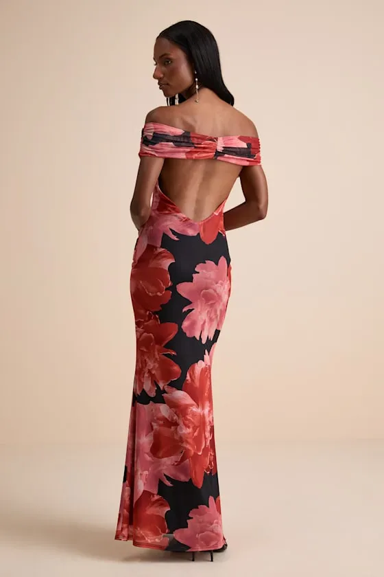 Dunia Black Floral Print Mesh Off-the-Shoulder Maxi Dress sold by Lulus product image thumbnail 3