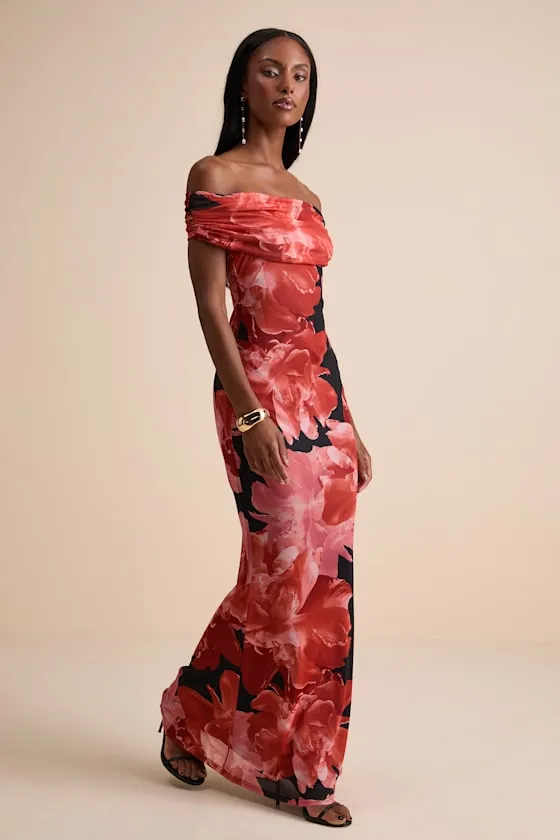 Dunia Black Floral Print Mesh Off-the-Shoulder Maxi Dress sold by Lulus product image thumbnail 4