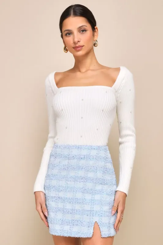 Unlimited Cuteness Light Blue Plaid Tweed Mini Skirt sold by Lulus