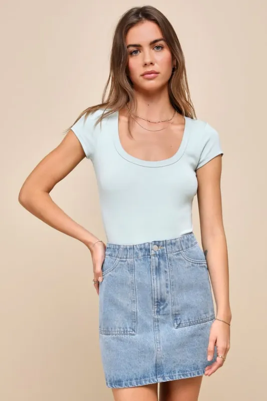 Cutie Behavior Light Wash Denim High Rise Mini Skirt sold by Lulus