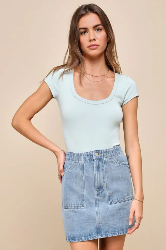 Cutie Behavior Light Wash Denim High Rise Mini Skirt sold by Lulus