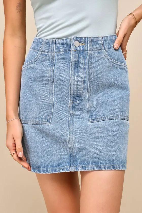 Cutie Behavior Light Wash Denim High Rise Mini Skirt sold by Lulus product image thumbnail 2
