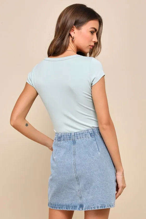 Cutie Behavior Light Wash Denim High Rise Mini Skirt sold by Lulus product image thumbnail 3