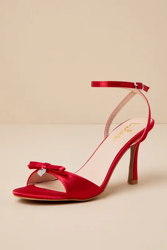 Caelum Cherry Satin Rhinestone Heart Charm Ankle Strap Heels sold by Lulus