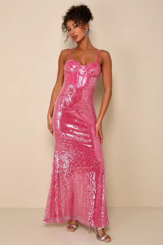Phenomenal Presence Magenta Sequin Bustier Maxi Dress sold by Lulus