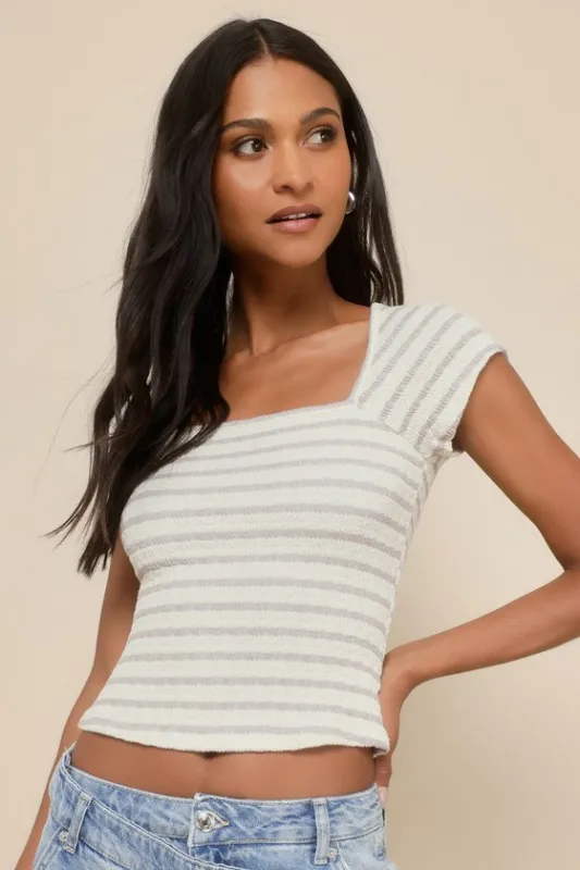 Perfect Ease Cream Striped Crinkle Short Sleeve Tee sold by Lulus